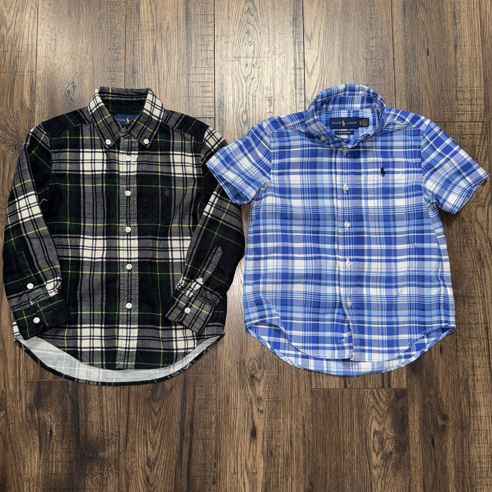 Ralph Lauren Boys Size 4T Plaid Shirt Bundle Long/Short Sleeve Green Blue